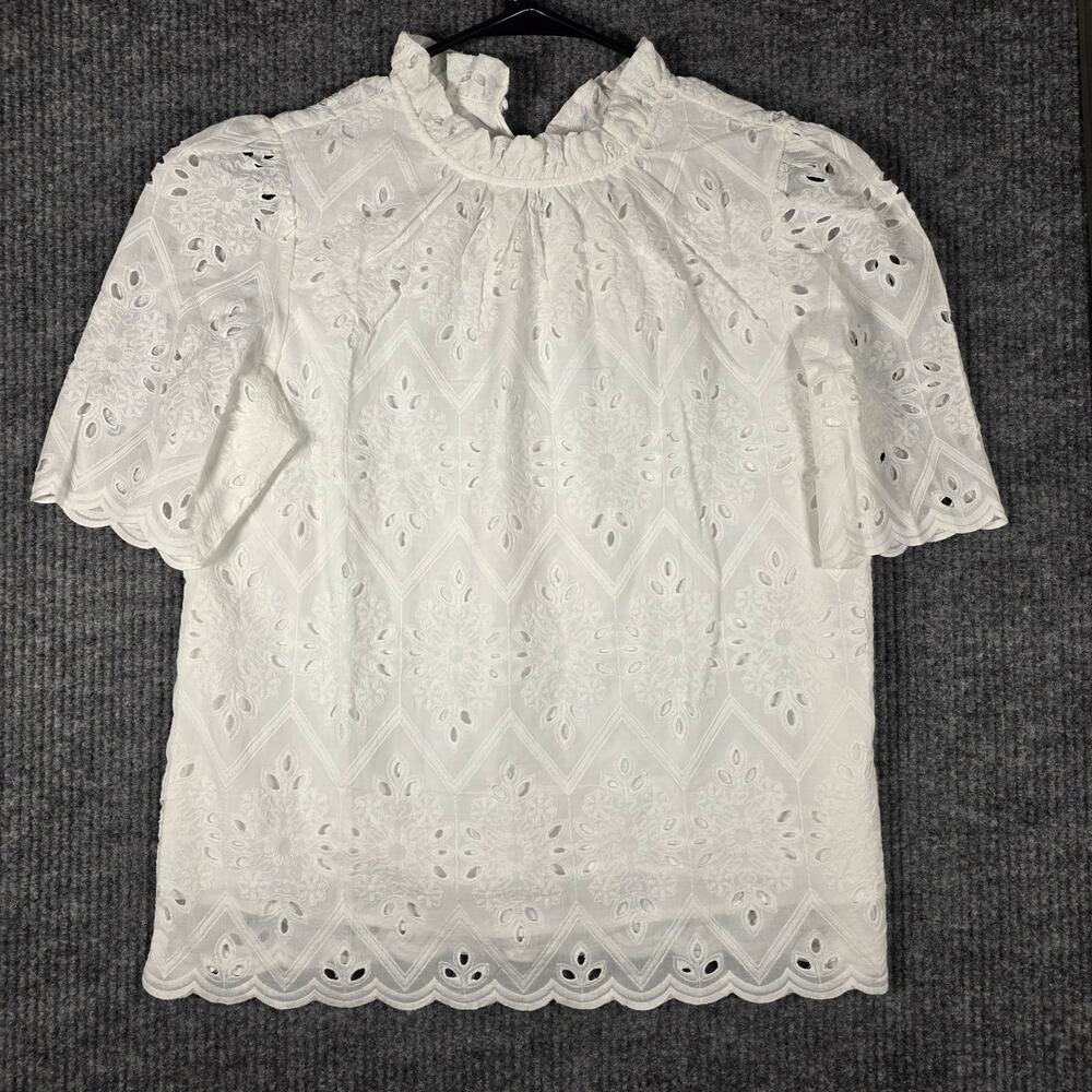 NWT PrettyGarden White Eyelet Embroidered Blouse Medium Ruffle Boho Cottage